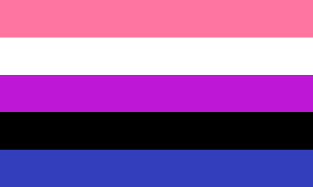 Prideflagge für Genderfluidität, Farben von oben nach unten: Die Farbe Rosa steht für Weiblichkeit. Oder das weibliche Geschlecht Das Weiß steht für das Fehlen des Geschlechts. Violett steht für die Kombination von Männlichkeit und Weiblichkeit. Schwarz steht für alle Geschlechter, einschließlich des dritten Geschlechts. Blau steht für Maskulinität oder das männliche Geschlecht.