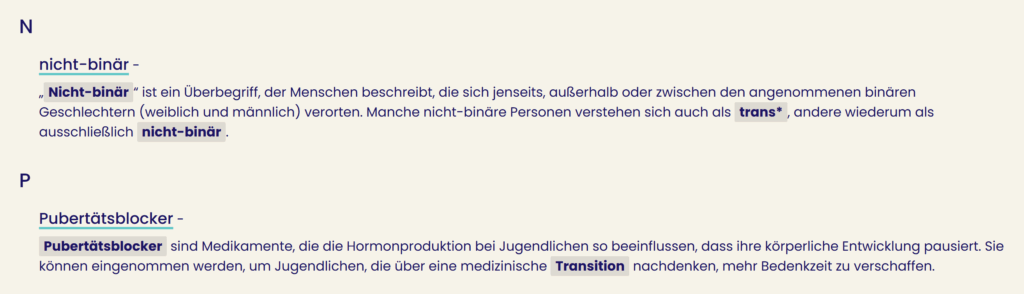 Ausschnitt aus dem Glossar mit dem Eintrag zu Pubertätsblockern