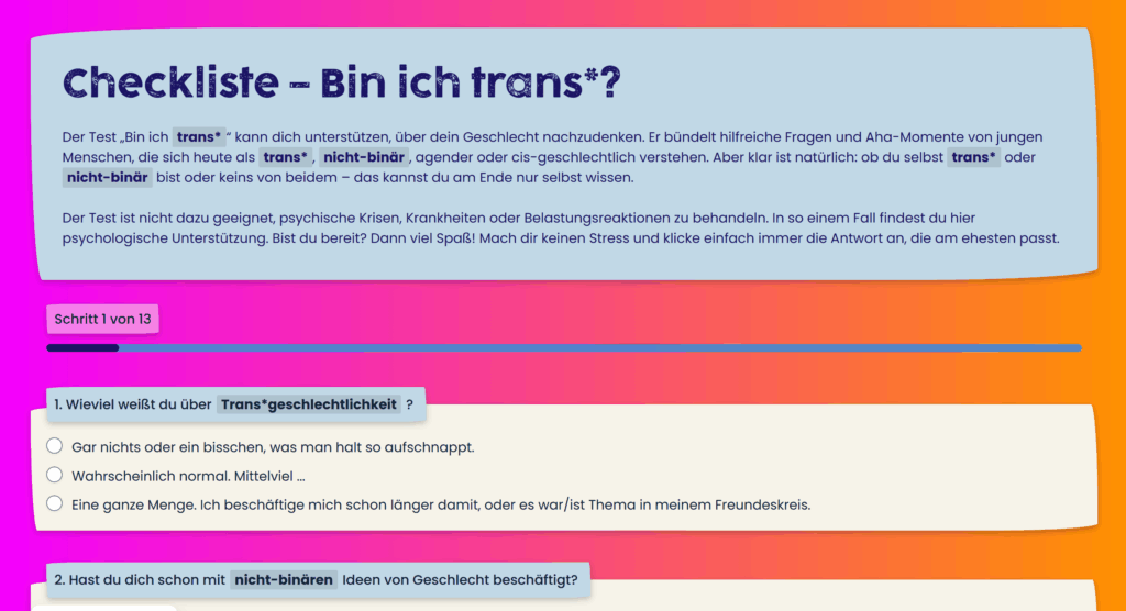 Screenshot vom #transjugend-Portal, die Startseite des Selbsttests "Bin ich trans*?"