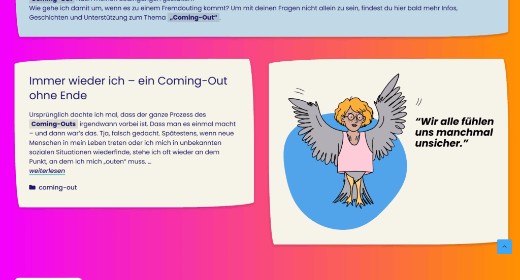 Screenshot vom #transjugend-Portal zeigt eine Grafik, die ein Mischwesen aus Mensch und Vogel darstellt und sagt "Wir alle fühlen uns manchmal unsicher."