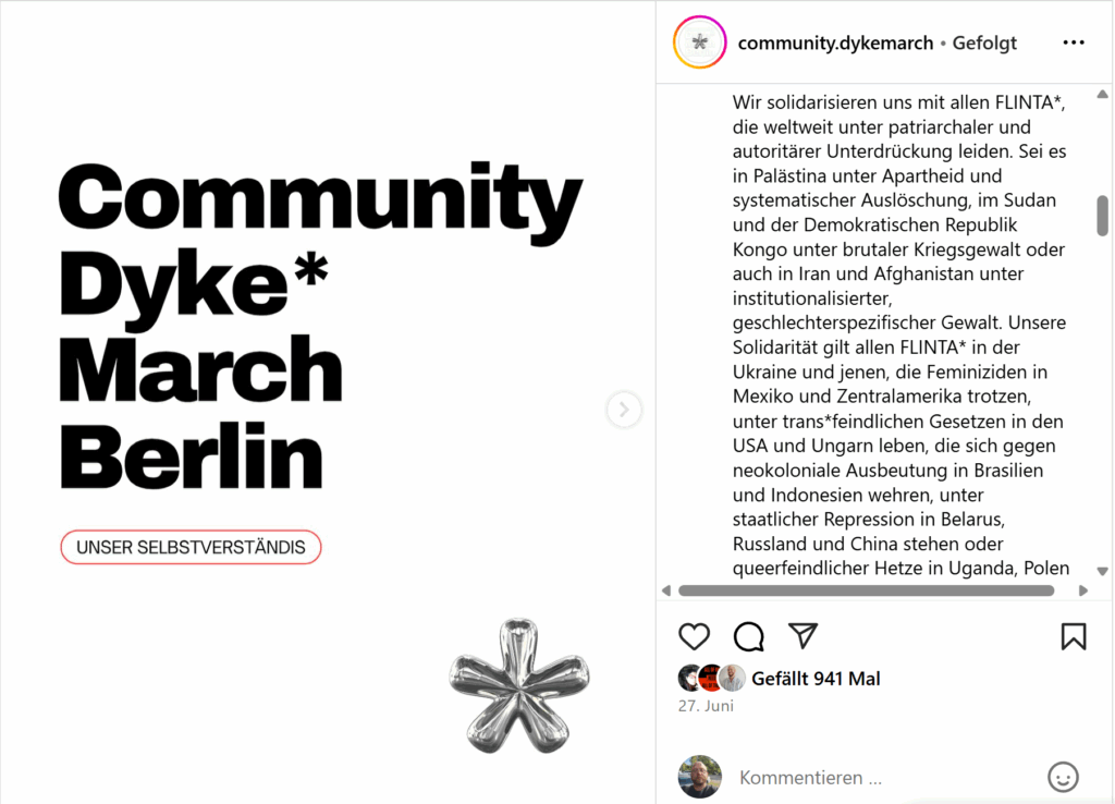 Screenshot vom Community Dyke March Berlin mit dem Selbstverständnis