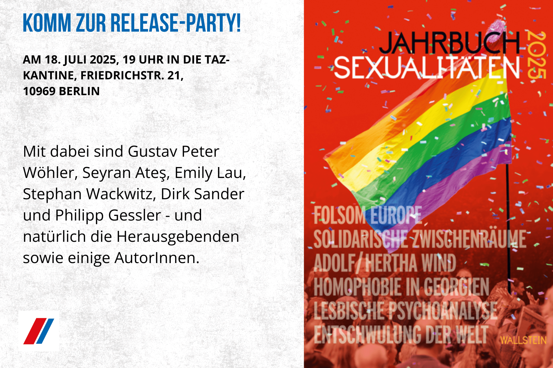 Einladung zur Release-Party des Jahrbuch Sexualitäten 2025 am 18. Juli in der taz Kantine um 19 Uhr in Berlin