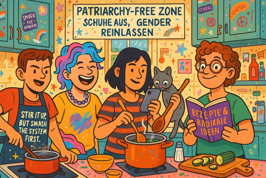 Cartoonhafte Illustration einer bunten, unordentlichen WG‑Küche mit Stickern und Schildern. Über der Spüle hängt ein Schild mit der Aufschrift „Patriarchy‑free zone – Schuhe aus, Gender reinlassen“. Vier Personen kochen gemeinsam: eine mit bedruckter Schürze, eine mit mehrfarbigen Haaren, eine balanciert Kochlöffel, Smartphone und eine Katze, eine hält ein leeres Notizbuch mit der Aufschrift „Rezepte & radikale Ideen“. Bunter, überzeichneter Zeichenstil.