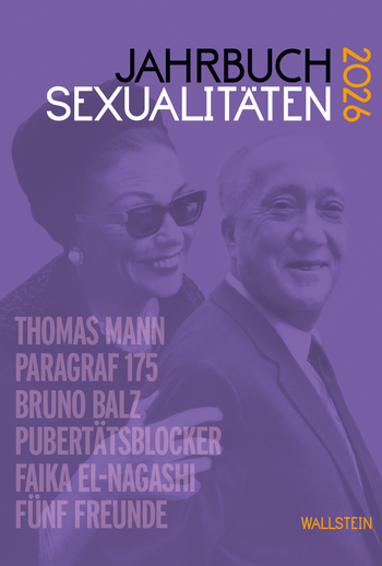 Buchcover des Jahrbuchs Sexualitäten 2026 in violett mit Zarah Leander und Bruno Balz als Hintergrundbild.