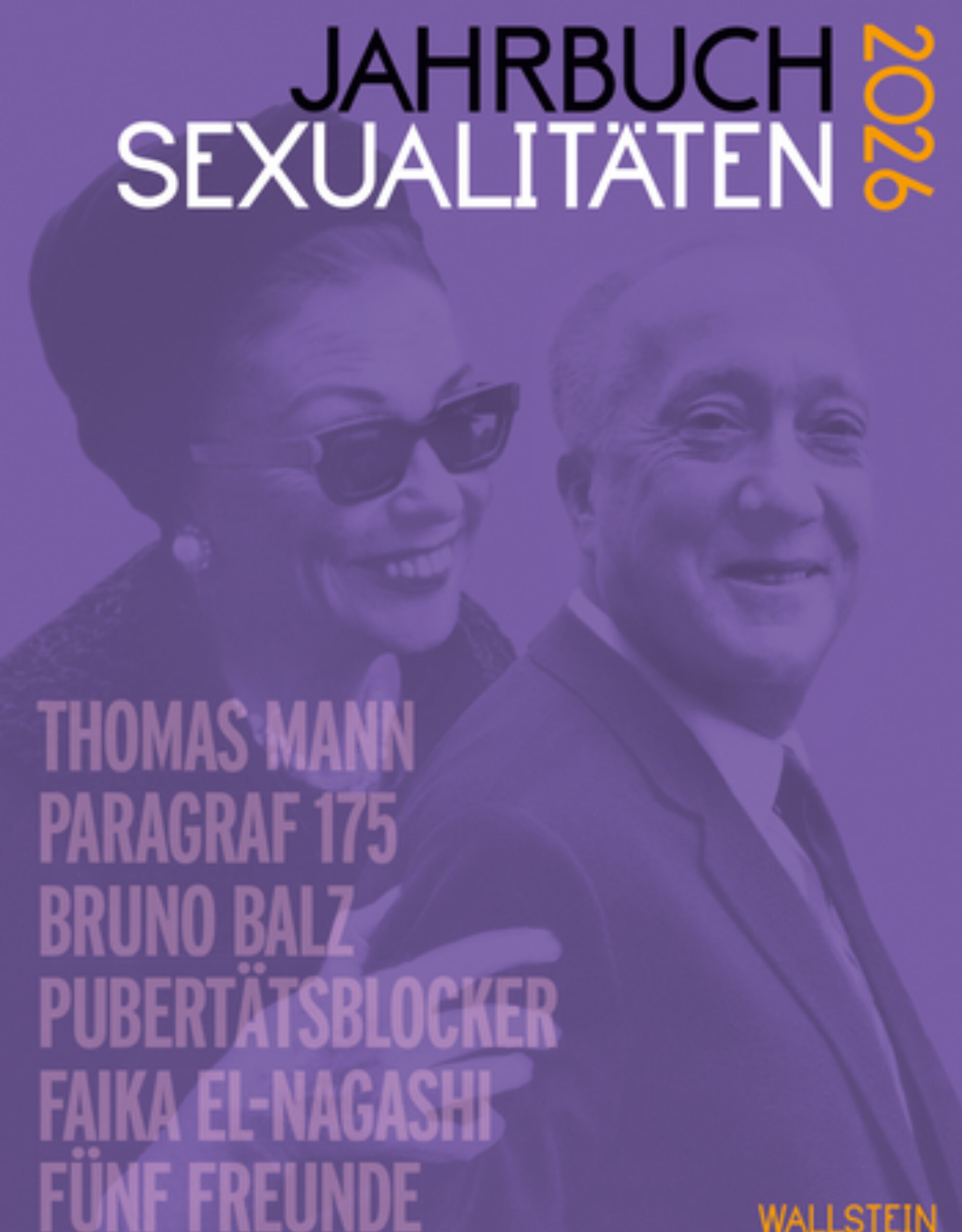 Cover Jahrbuch Sexualitäten 2026. Umschlag in lila und mit einem Foto von Zarah Leander und Bruno Balz