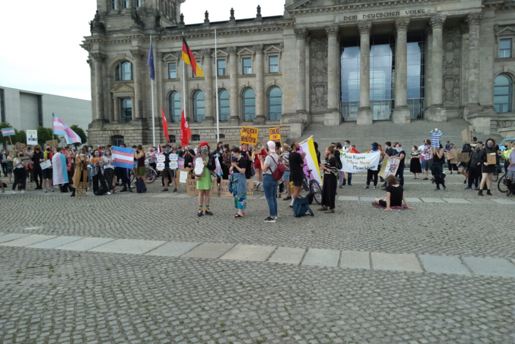 Transaktivisti riefen 2020 zu einer Demonstration für das Selbstbestimmungsgesetz in Berlin vor dem Bundestag auf. Die Teilnehmenden stehen in Gruppen auf dem Platz vor dem Bundestagsgebäude. Sie halten Transflaggen und Banner.