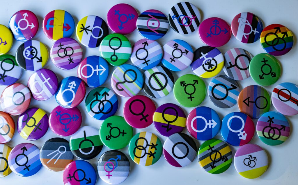 Auf einem weißen Hintergrund sind zahlreiche runde, farbenfrohe Ansteckbuttons ausgelegt. Die Buttons zeigen unterschiedliche Pride-Flaggen, darunter mehrere Varianten in Rosa-, Blau-, Weiß-, Schwarz-, Gelb-, Grün- und Regenbogenfarben. Auf jedem Button ist ein Symbol für Geschlechtsidentitäten, Geschlechtsausdruck oder sexuelle Orientierung abgebildet. Die Vielzahl der Buttons verdeutlicht die Diversität und Sichtbarkeit der Queer Community